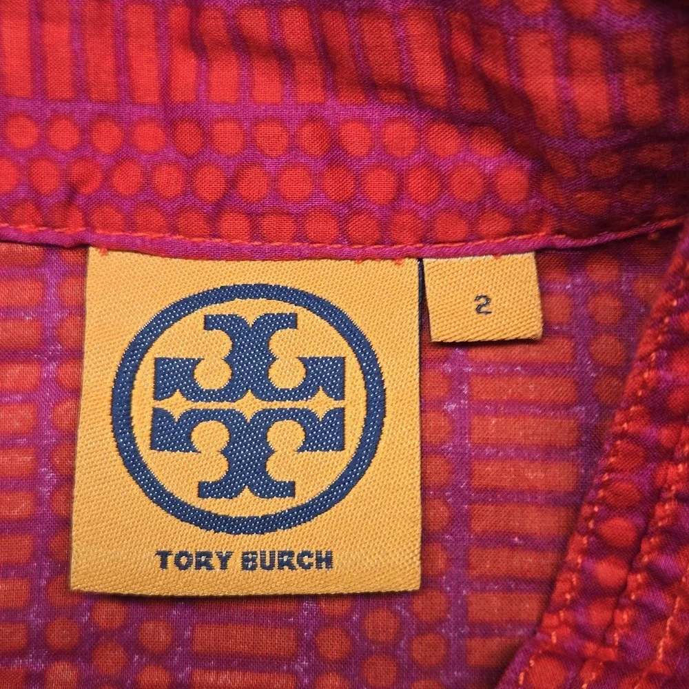 Tory Burch Dress Womens 2 Red Geometric Print Tunic Split Neck Waist Tie Boho‎